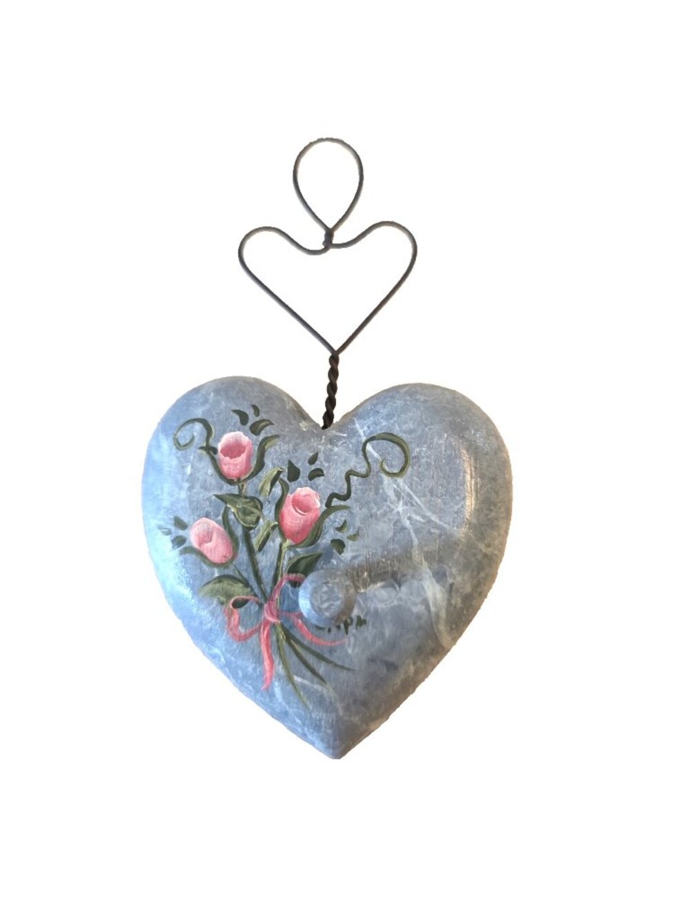 Blue Hanging Heart with Rosebuds Hand Painted Wood w/ Peg Vtg 90s Cottagecore